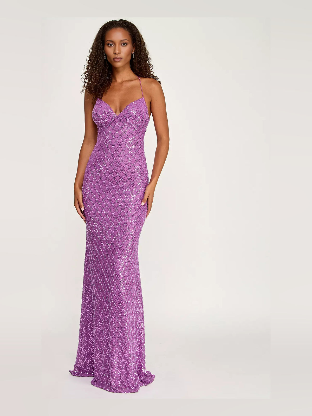 Orchid mermaid floor-length formal dress with sweetheart neckline, full-length front view