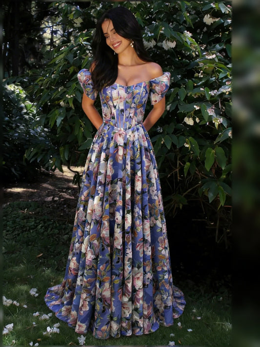 Tahiti a-line floor-length formal dress with off-the-shoulder neckline, full-length front view