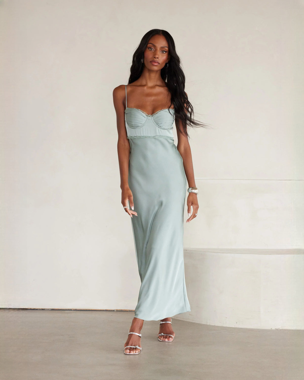 sleeveless satin a-line maxi bridesmaid dress - image 1