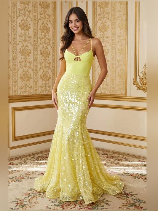 Yellow mermaid floor-length formal dress with V-neckline, full-length front view