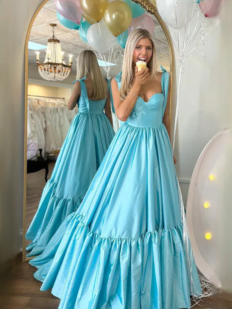 Light Blue floor-length prom dress, front view showing the a-line silhouette