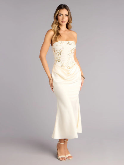 Orange midi formal dress with strapless neckline, full-length front view