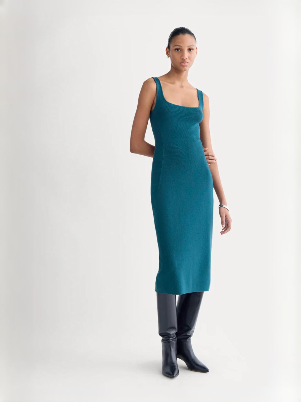 Teal midi formal dress with square neckline, full-length front view