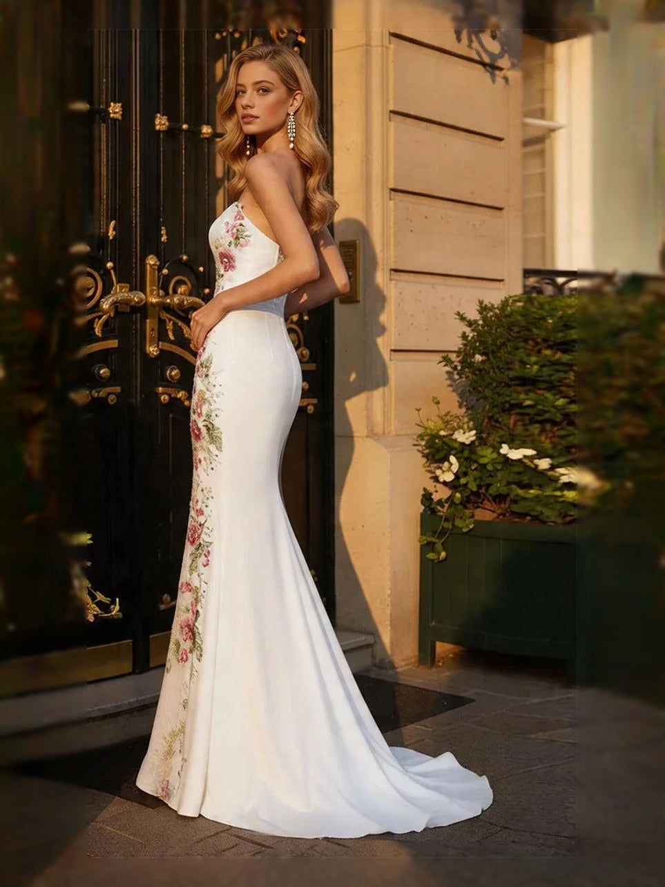 Ivory white floor-length wedding dress, front view showing the mermaid silhouette