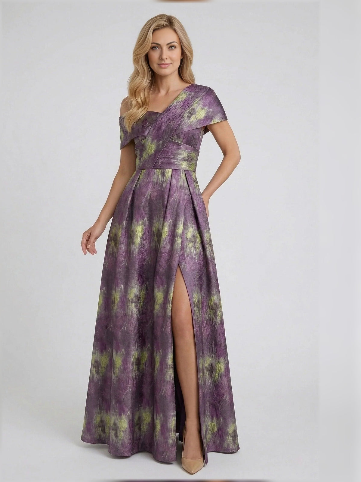 Fuchsia floor-length mother of the bride dress, front view showing the a-line silhouette