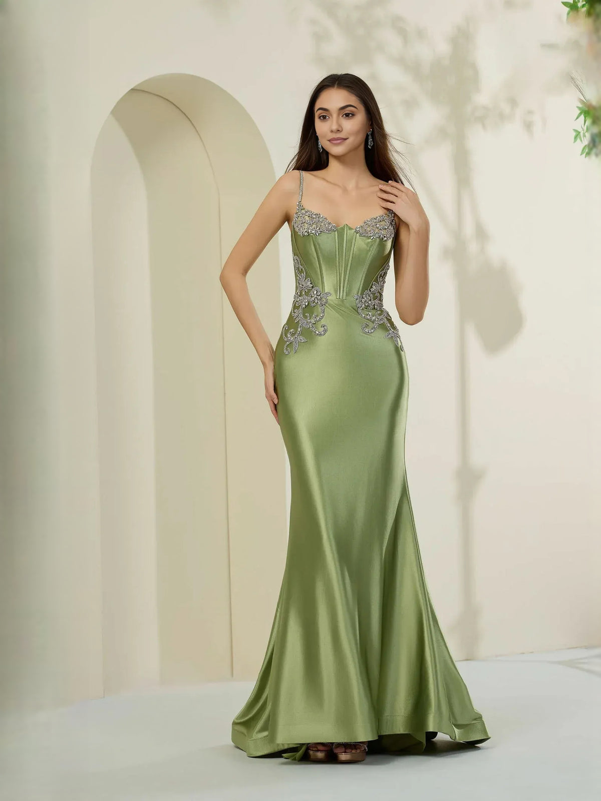 Dusty Sage mermaid floor-length formal dress with sweetheart neckline, full-length front view