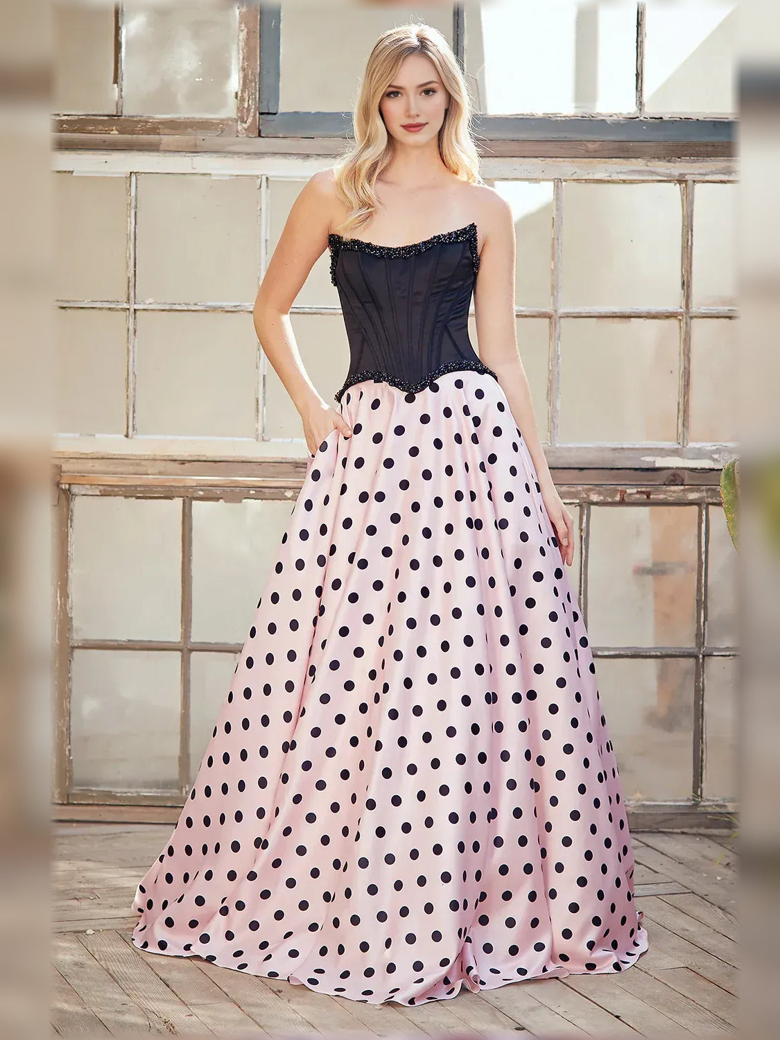 Blush Pink a-line floor-length formal dress with sweetheart neckline, full-length front view