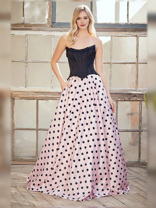 Blush Pink a-line floor-length formal dress with sweetheart neckline, full-length front view