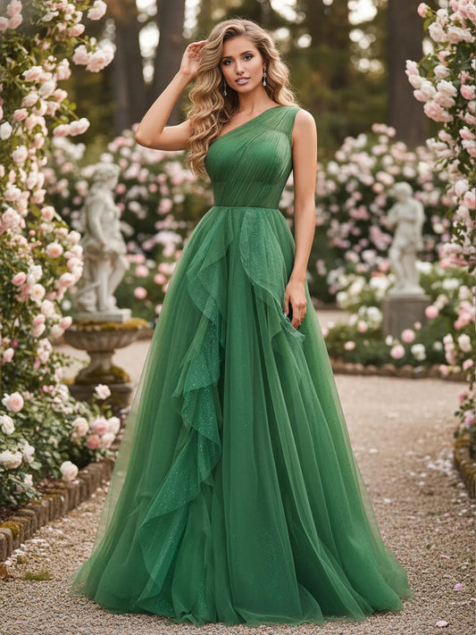Green a-line floor-length formal dress with one-shoulder neckline, full-length front view