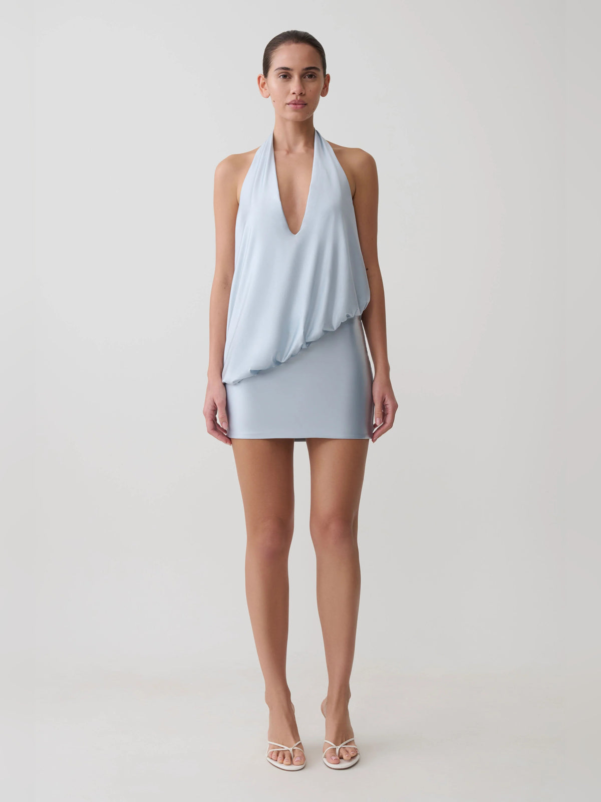 Blue mini homecoming dress, front view showing the silhouette