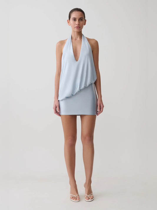 Blue mini homecoming dress, front view showing the silhouette