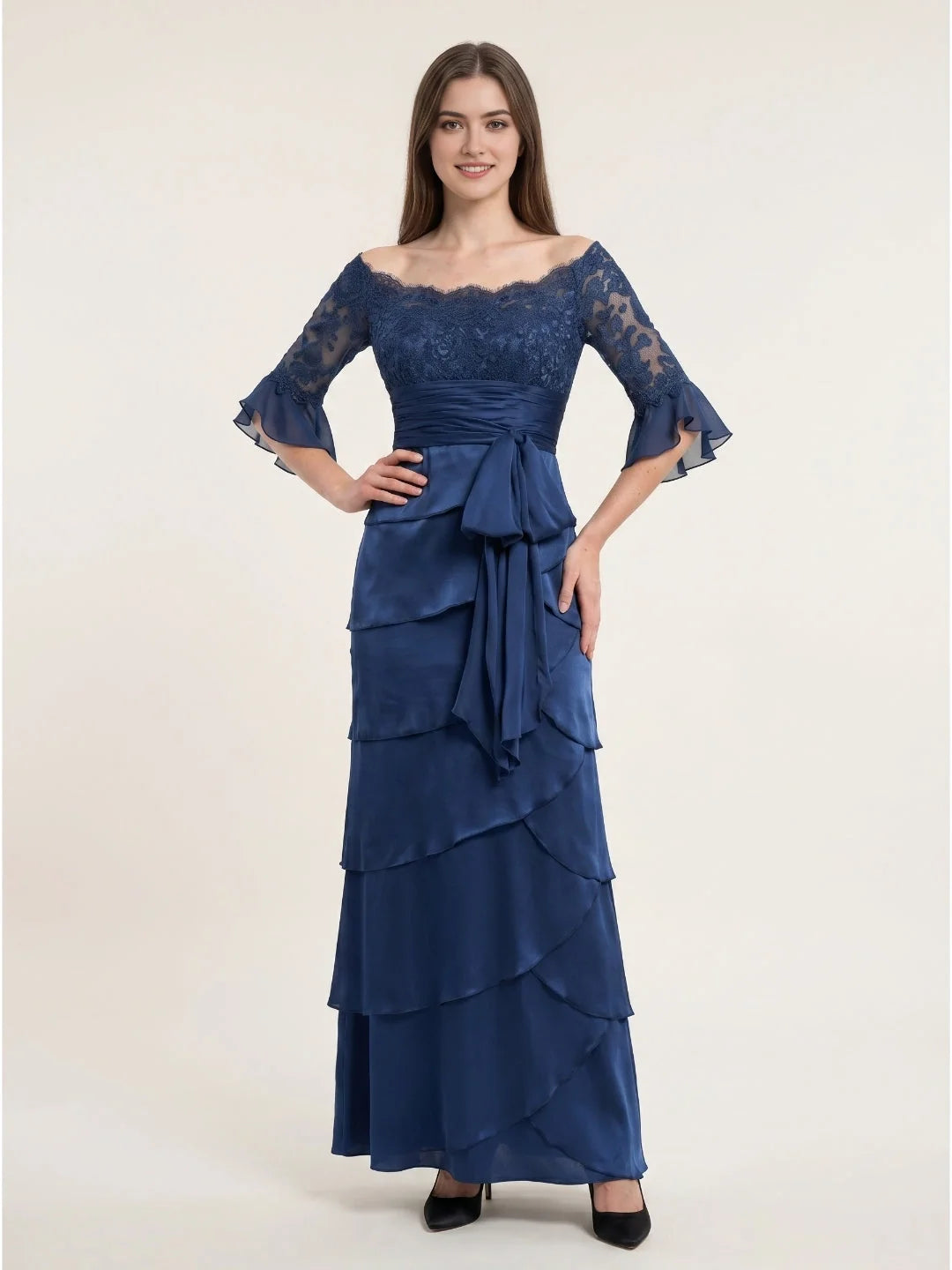 Dark Blue floor-length mother of the bride dress, front view showing the a-line silhouette