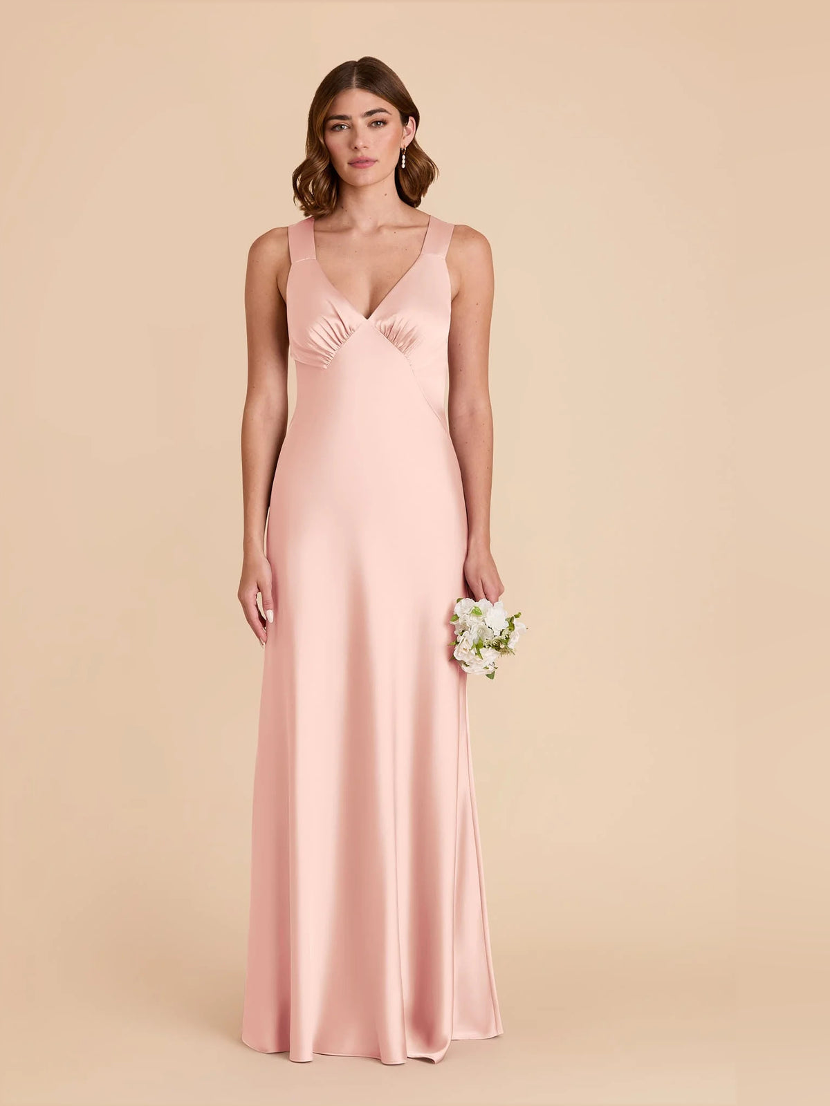 Blush Pink maxi bridesmaid dress, front view showing the a-line silhouette