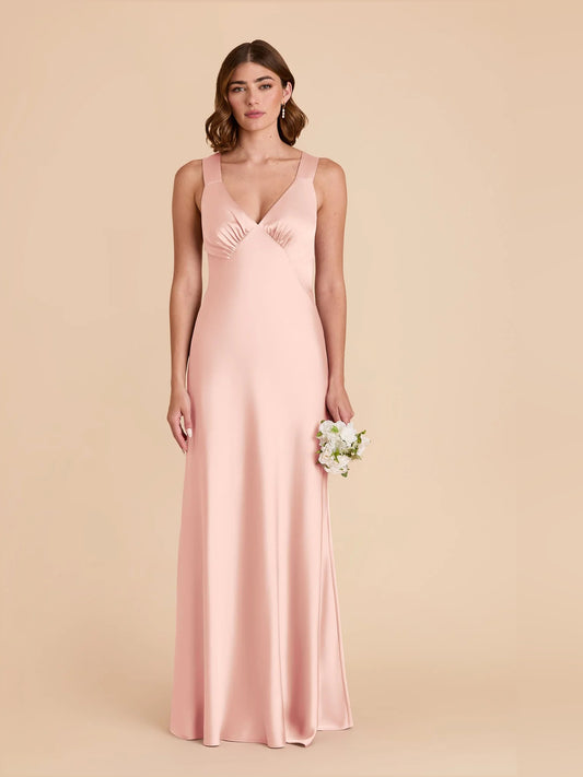 Blush Pink maxi bridesmaid dress, front view showing the a-line silhouette