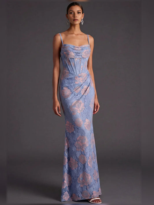 Floral mermaid floor-length formal dress with cowl neckline, full-length front view