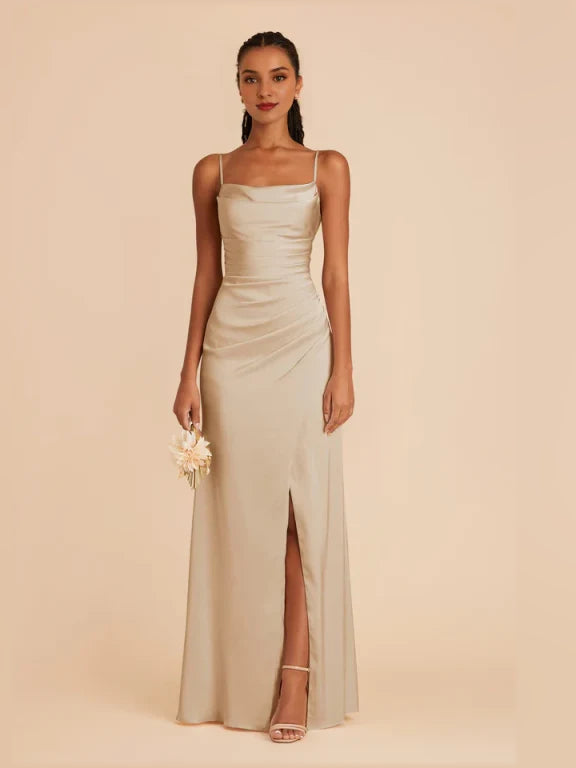 Beige maxi bridesmaid dress, front view showing the a-line silhouette