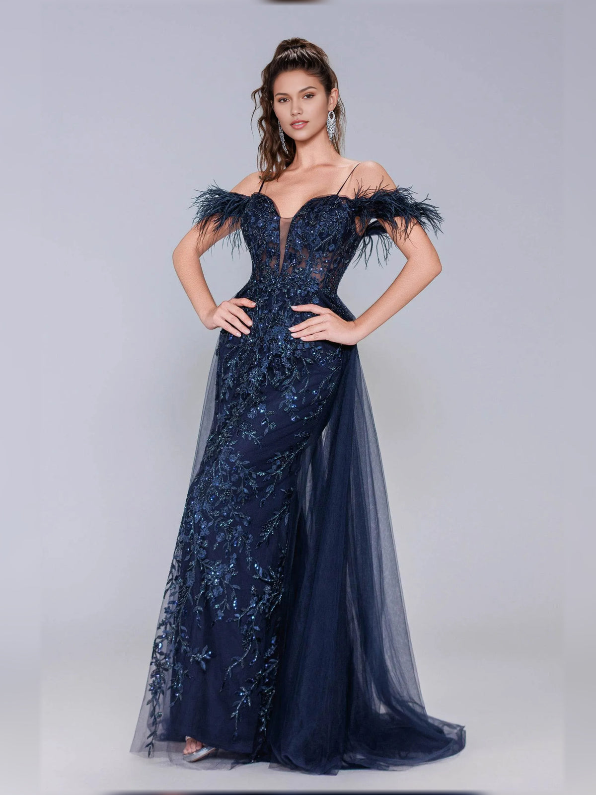 Navy Blue mermaid floor-length formal dress with off-the-shoulder neckline, full-length front view