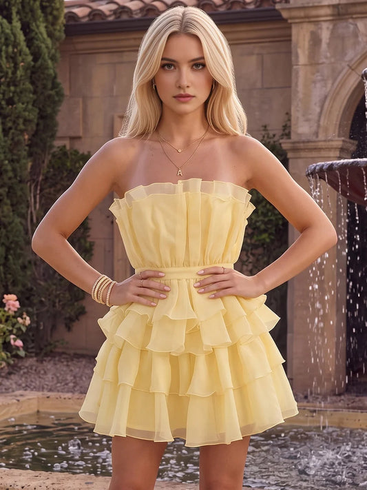 Lemon mini homecoming dress, alternate view showing the full-length silhouette