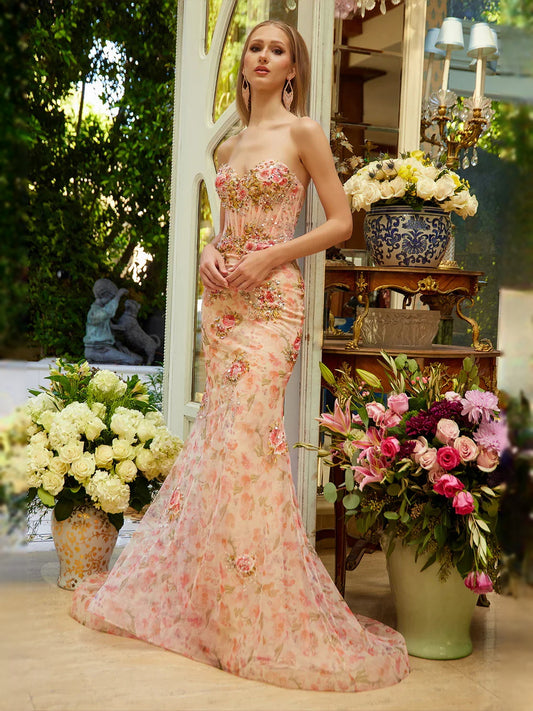 Peach floor-length prom dress, front view showing the mermaid silhouette