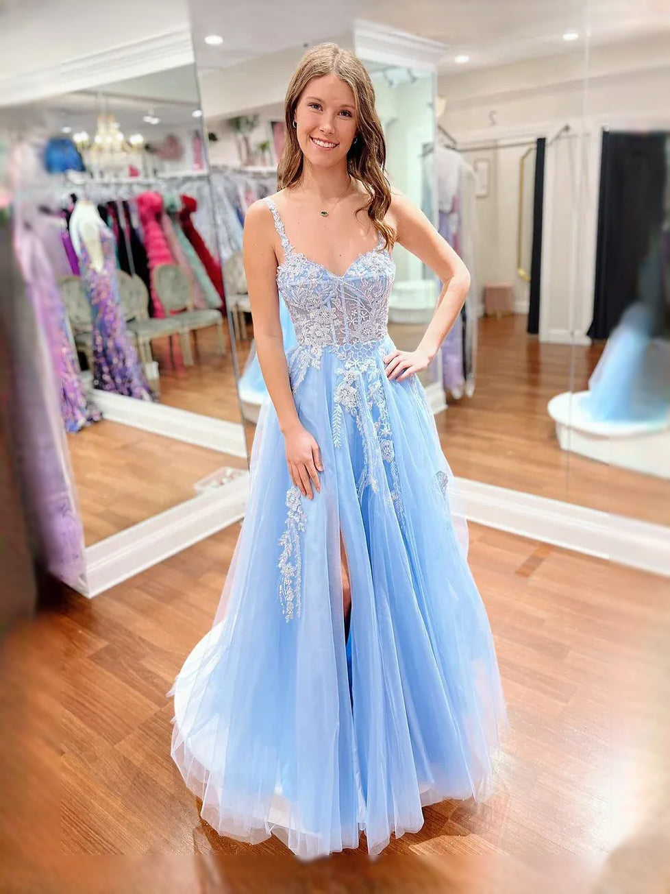 Light Blue floor-length prom dress, front view showing the a-line silhouette
