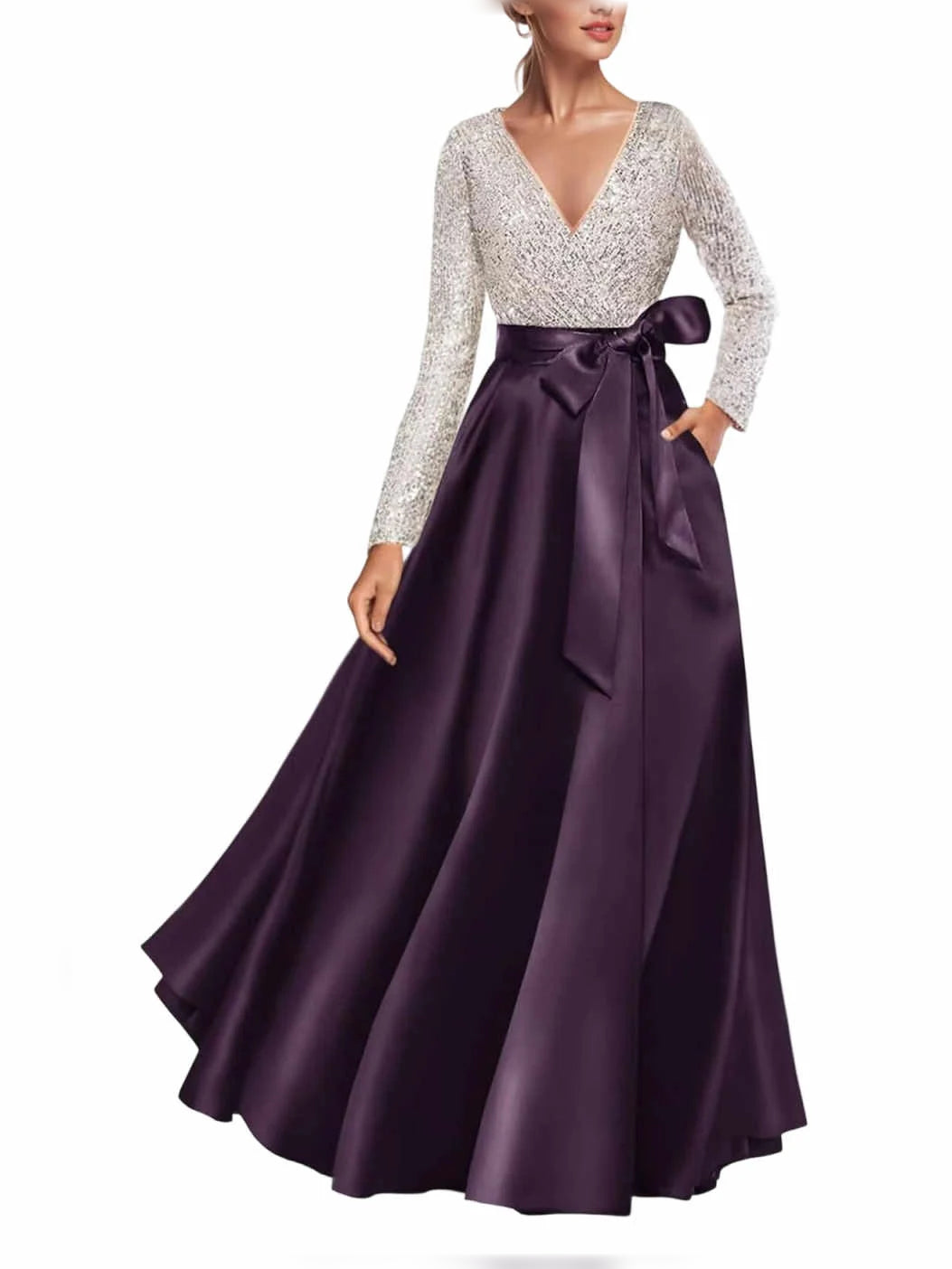 Eggplant a-line floor-length formal dress with V-neckline, full-length front view
