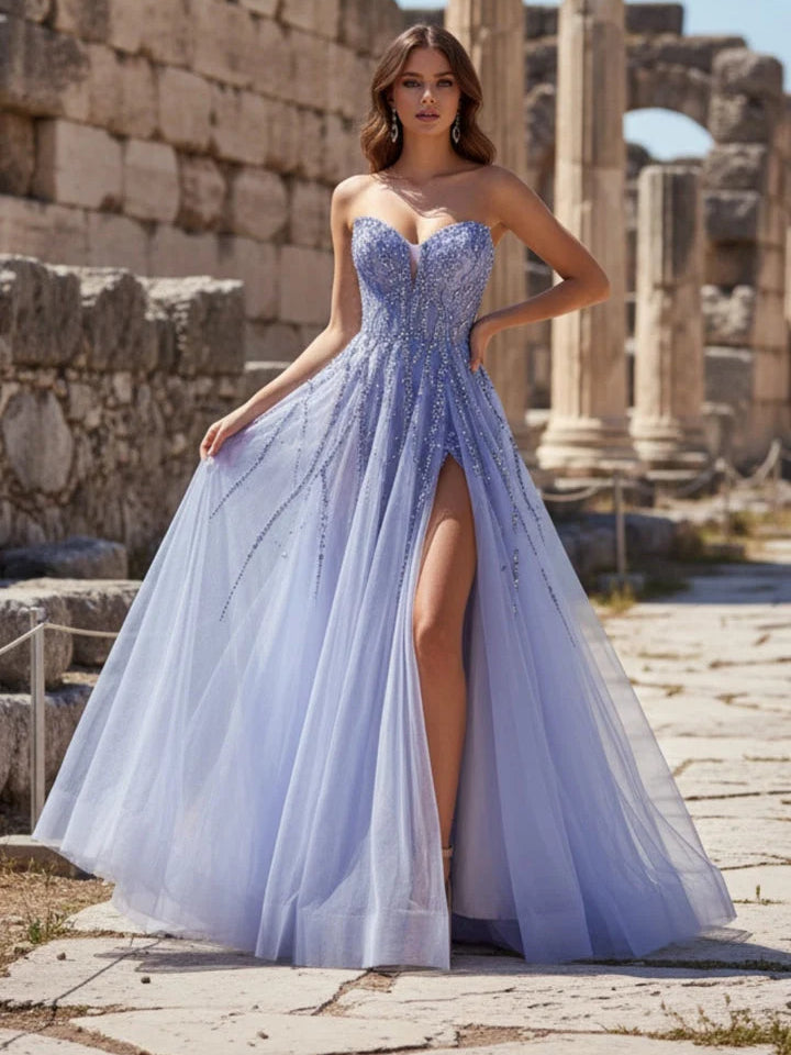 Lilac maxi prom dress, front view showing the a-line silhouette