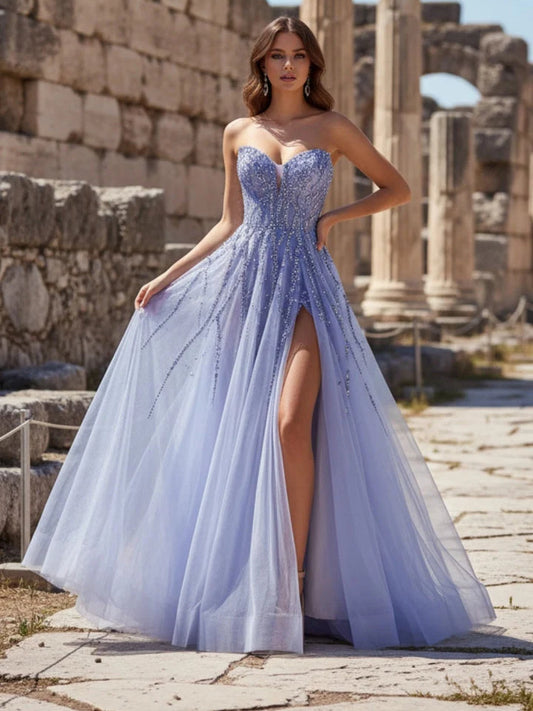 Lilac maxi prom dress, front view showing the a-line silhouette