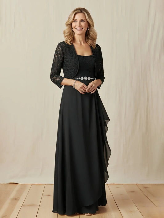 Black floor-length mother of the bride dress, front view showing the a-line silhouette