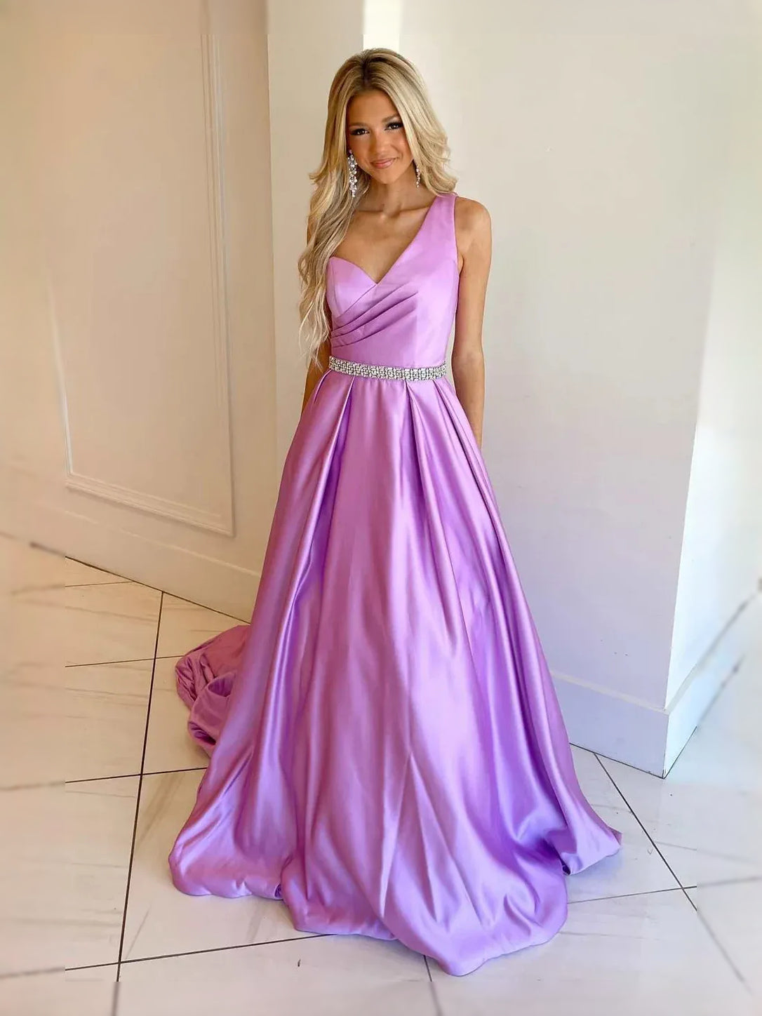 Lavender maxi prom dress, front view showing the a-line silhouette