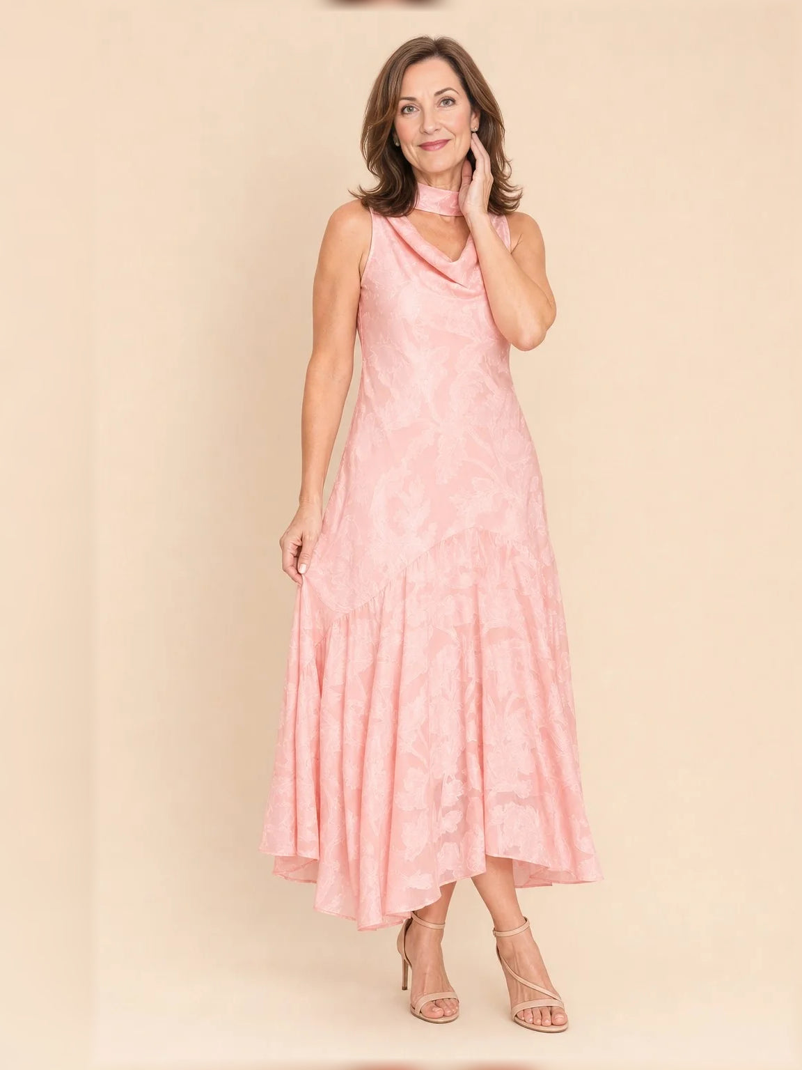 Pearl Pink midi mother of the bride dress, front view showing the a-line silhouette