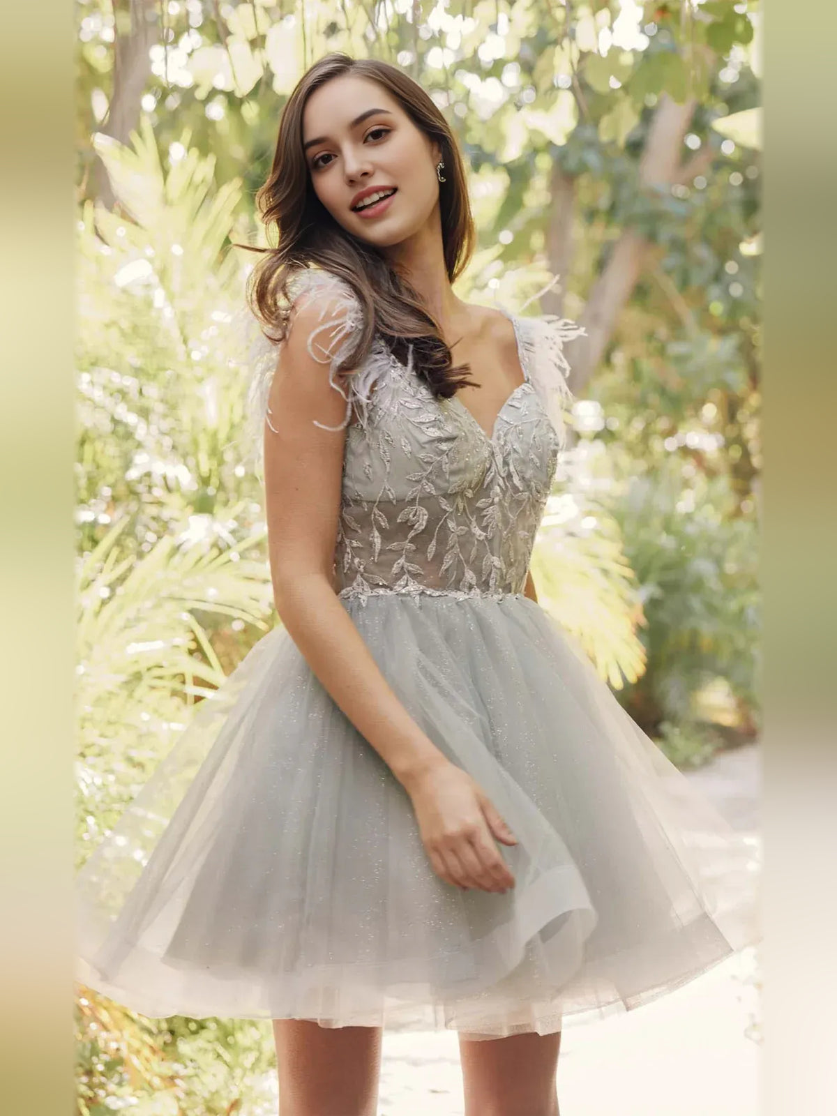 Silver mini homecoming dress, alternate view showing the full-length silhouette