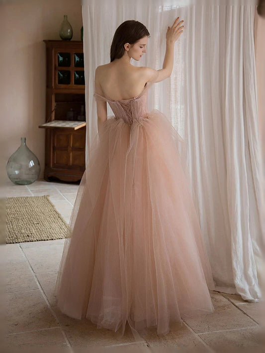 Pearl Pink maxi prom dress, front view showing the a-line silhouette
