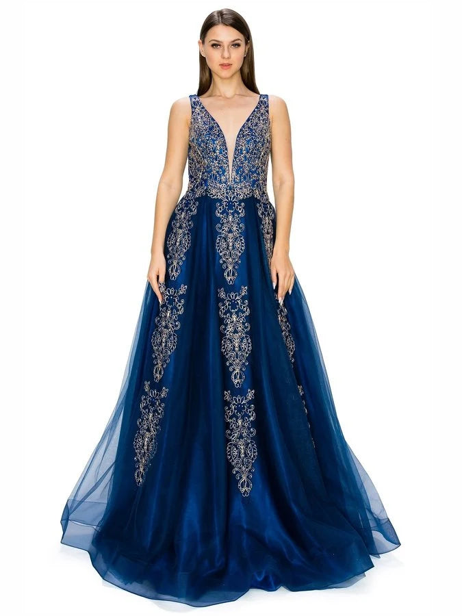 Navy Blue floor-length prom dress, front view showing the a-line silhouette