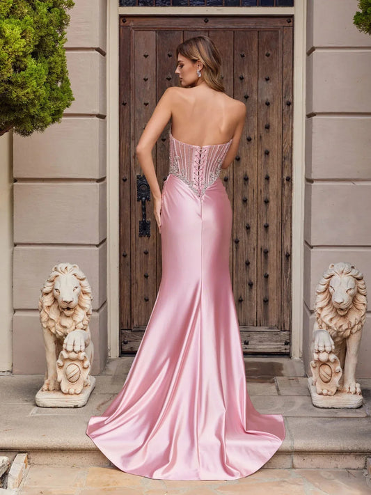 Dusty Rose floor-length prom dress, front view showing the mermaid silhouette