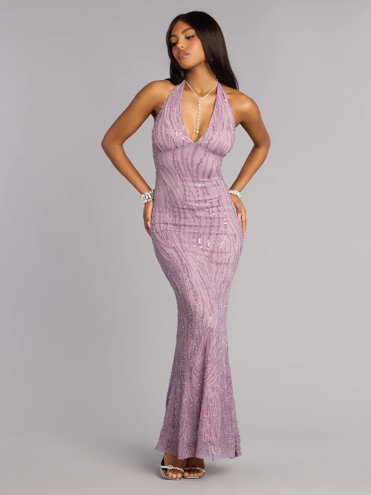 Lilac floor-length prom dress, front view showing the mermaid silhouette