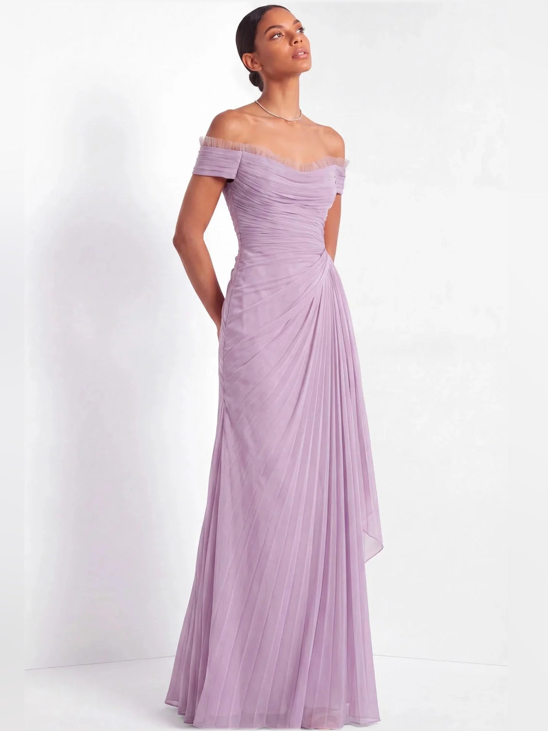 Lilac maxi bridesmaid dress, front view showing the sheath silhouette