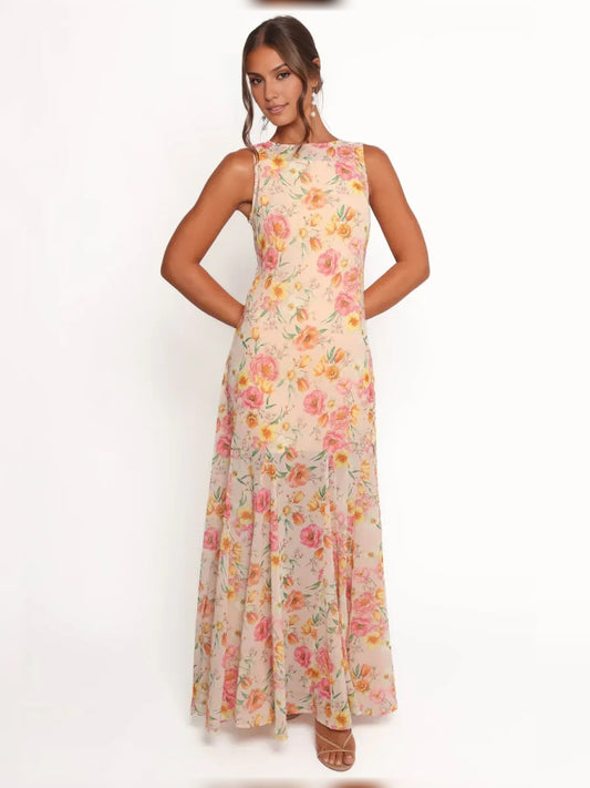 Blush Pink a-line floor-length formal dress with floral print, full-length front view