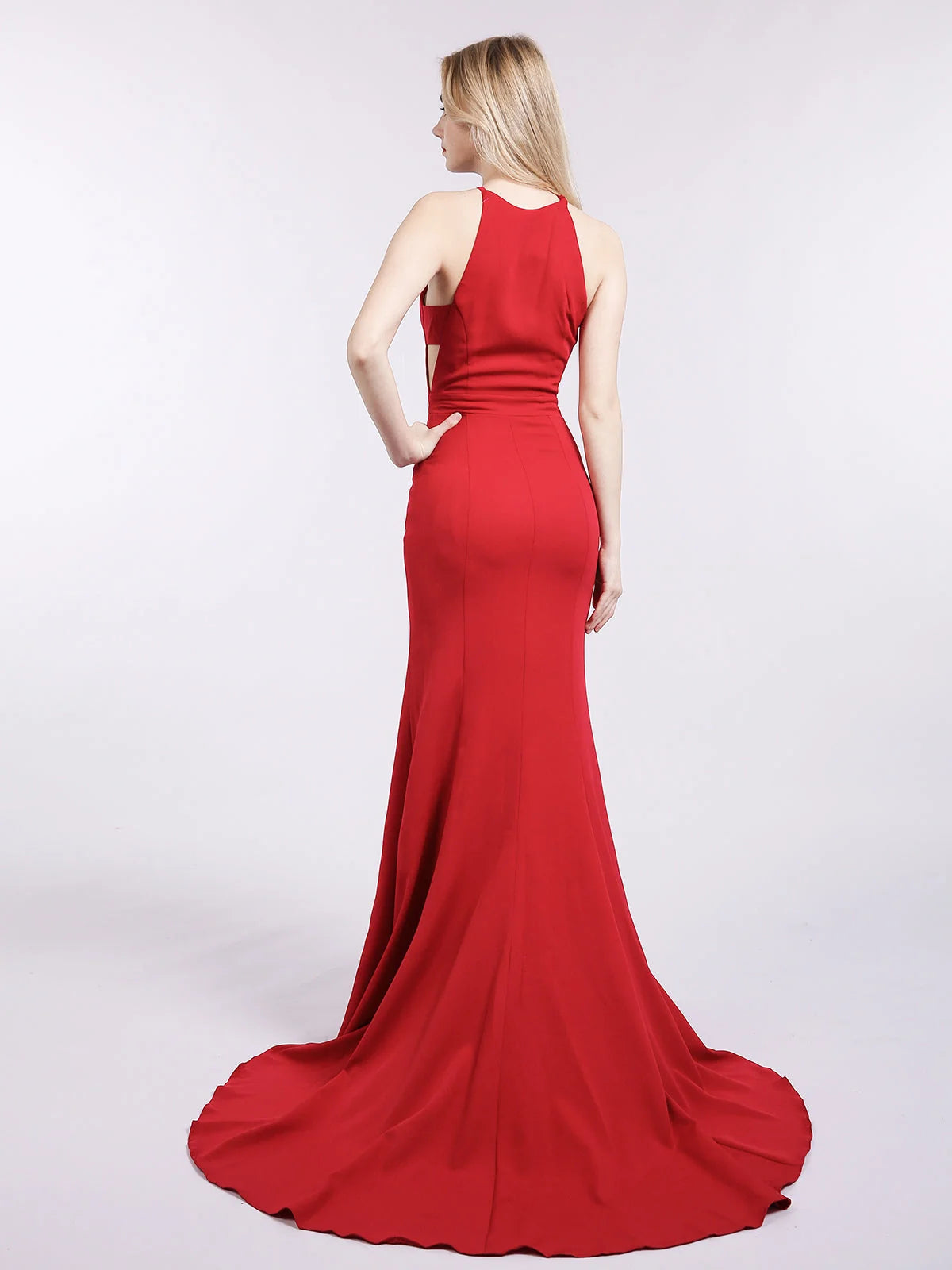 Red maxi prom dress, front view showing the mermaid silhouette