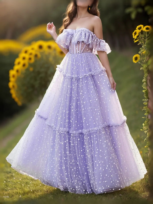 Lavender floor-length prom dress, front view showing the a-line silhouette