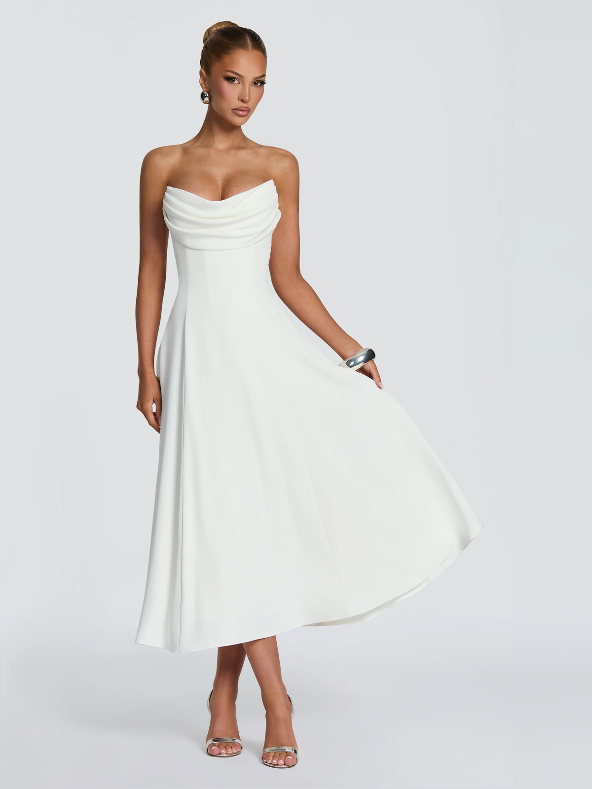 Ivory midi formal dress, full-length front view