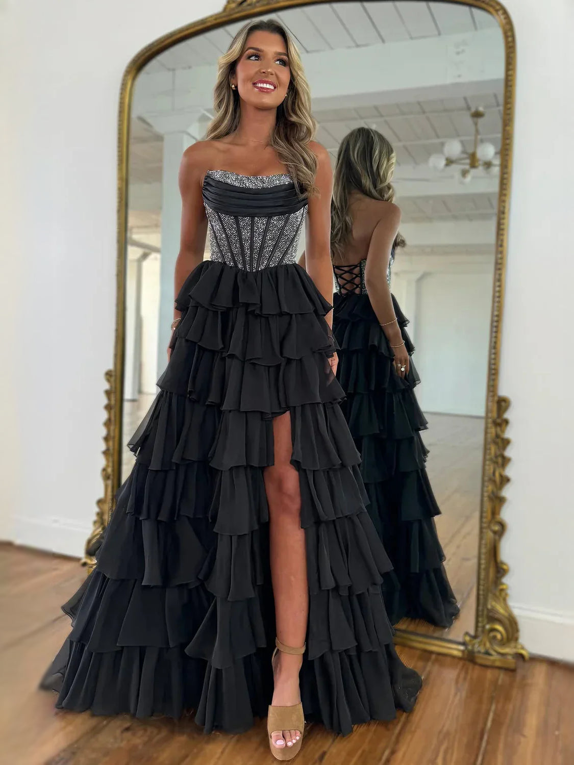 Black maxi prom dress, front view showing the a-line silhouette