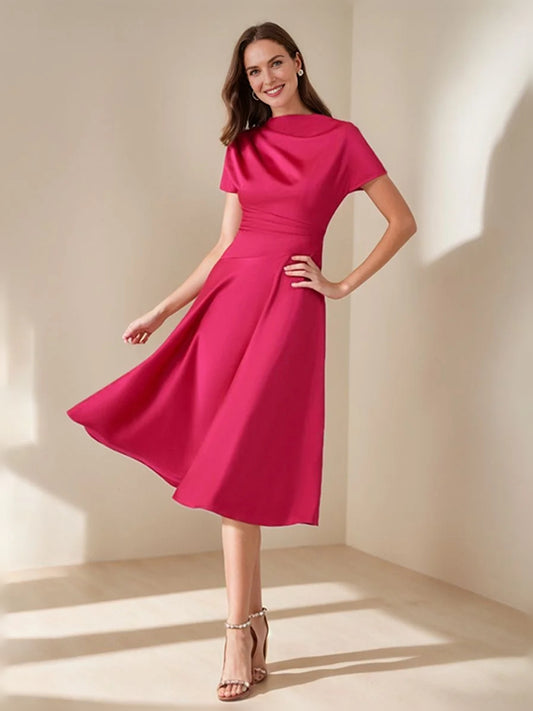 Hot Pink short mother of the bride dress, front view showing the a-line silhouette