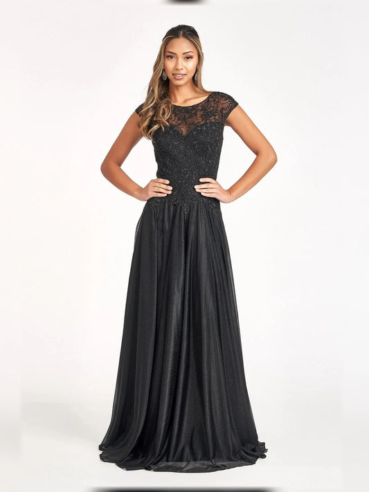 Black floor-length mother of the bride dress, front view showing the a-line silhouette