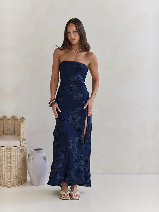 Navy sheath maxi formal dress with strapless neckline, full-length front view