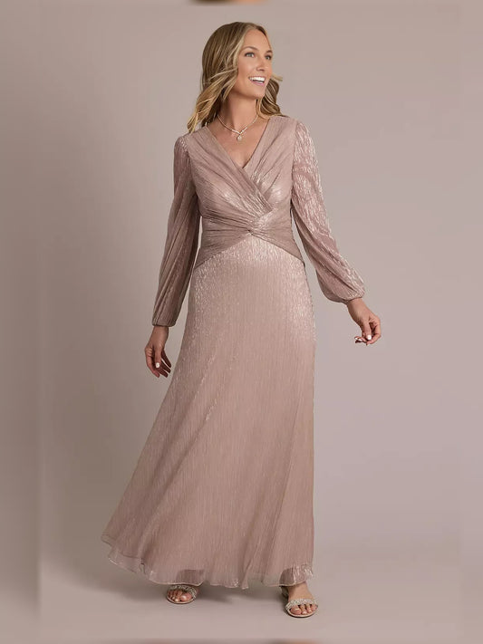 Rose Gold floor-length mother of the bride dress, front view showing the a-line silhouette