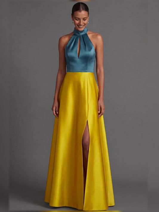 Yellow a-line floor-length formal dress with halter neckline, full-length front view