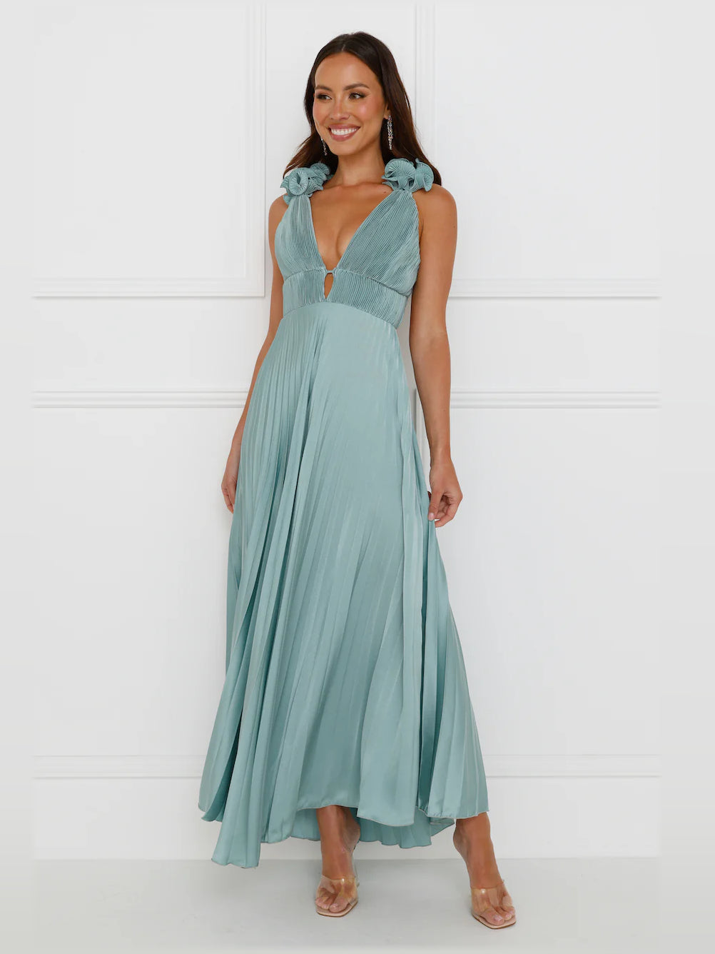 Sage midi formal dress, full-length front view