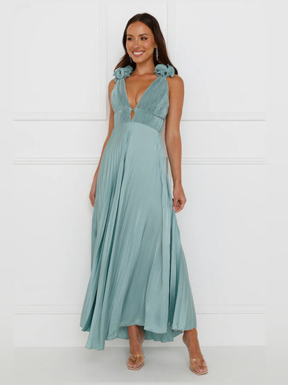 Sage midi formal dress, full-length front view