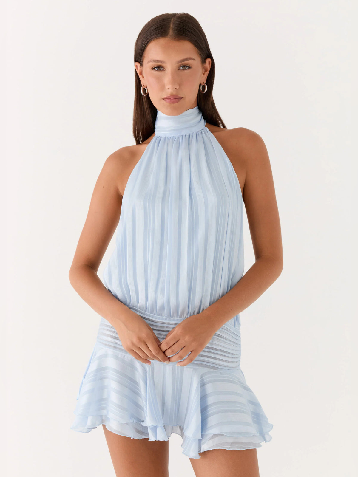 Blue mini homecoming dress, front view showing the silhouette