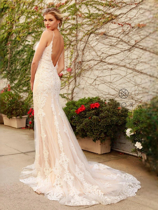 Ivory floor-length wedding dress, front view showing the mermaid silhouette